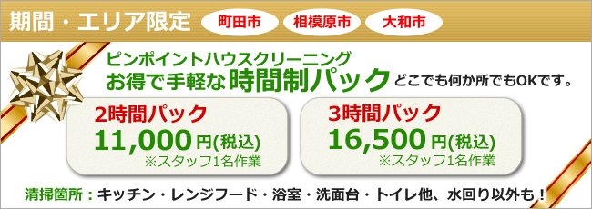 町田市、相模原市、大和市のお客様限定、ピンポイントハウスクリーニング時間制パック