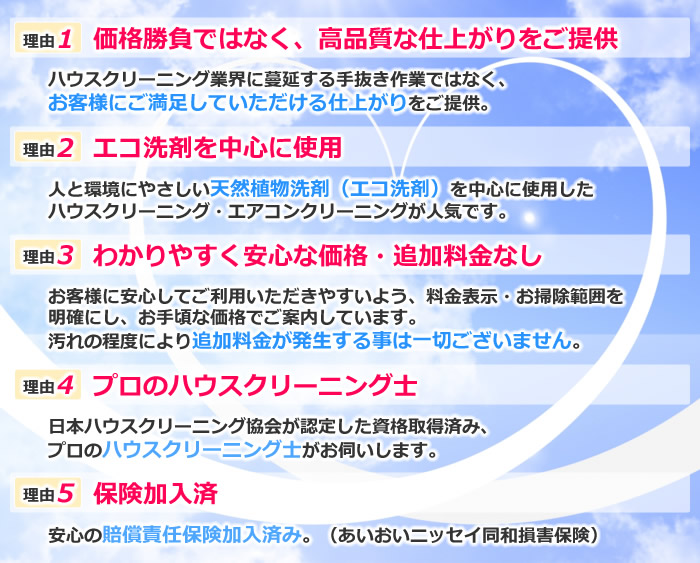 エコ洗剤を使用、追加料金なし、プロのハウスクリーニング士がお伺いします・保険加入済み